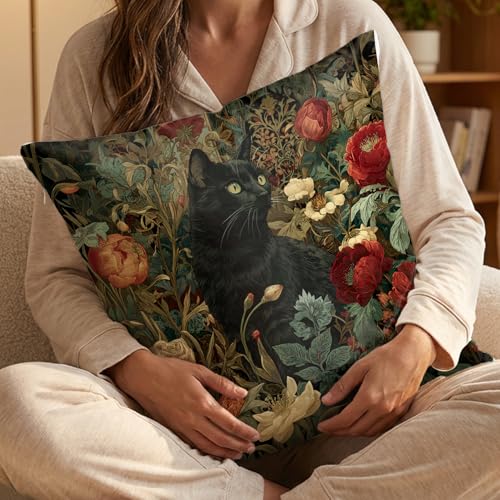 William Morris Inspired Vintage Black Cat Floral Pillow Cover - 18x18