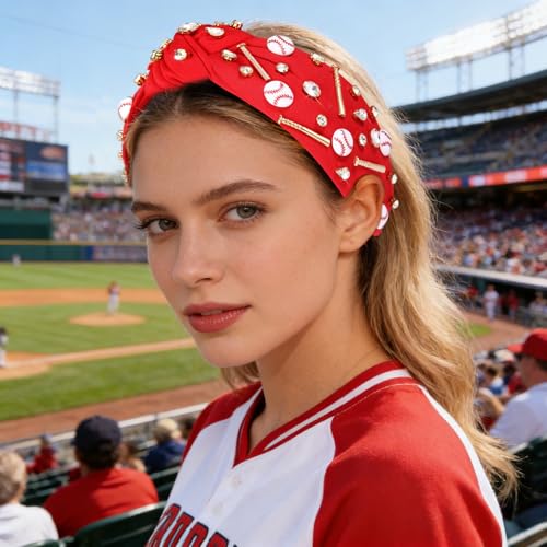 Baseball Knotted RED Women's Sport Headband with Charms - Game Day Accessory