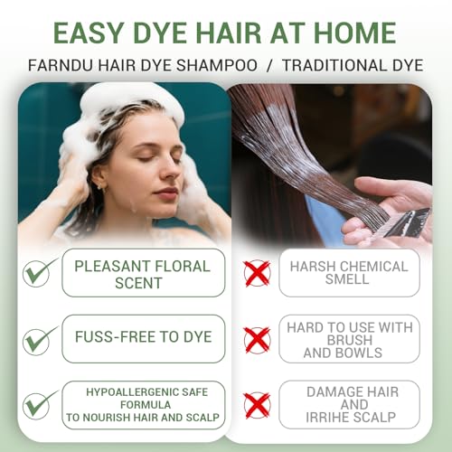 Farndu Brown Hair Dye Shampoo for Gray Hair Coverage, Ammonia-Free 3-in-1