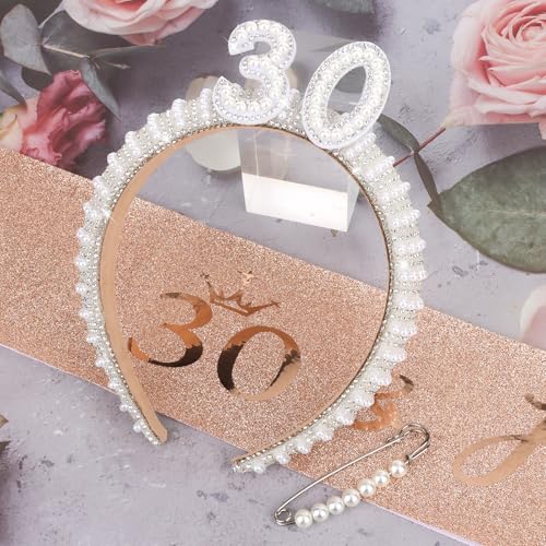 30th Birthday Headband, Sash & Pearl Pin Set - Party Decorations for Her