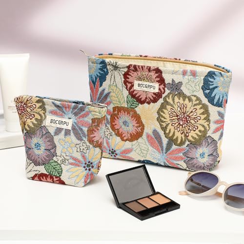 BOCGRPU 2-Pack Flower Garden Makeup Bags Set - 10.2 x 7.1 x 1.5 in & 6.3 x 5.5 x 2 in