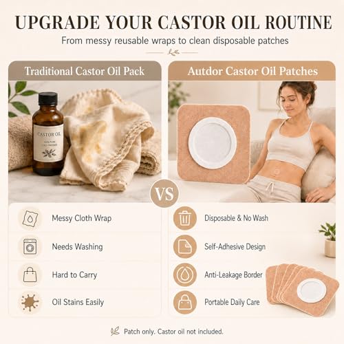 Autdor 50Pcs Castor Oil Patches, Disposable Castor Oil Pack Wrap with Organic Cotton Pad Self-Adhesive Belly Button Patch Cover Anti-Leakage No Wash Breathable Portable Pads for Stomach & Daily Use