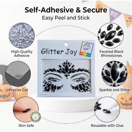 Kotbs Black Rhinestone Face Gems - 6-Pack Self-Adhesive Festival Jewels