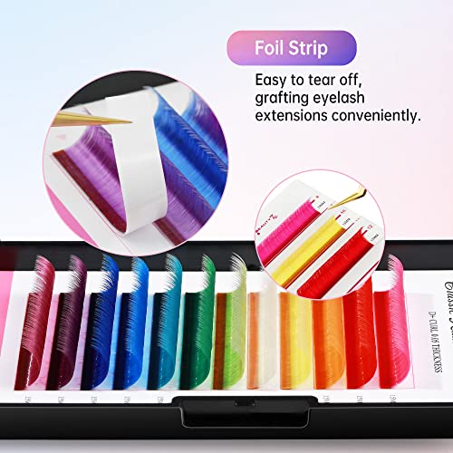 Beauty7 Rainbow Colored Lash Extensions D+ Curl 0.05mm Thick 15mm Length - 12 Vibrant Colors