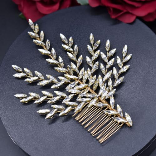 WONRLUA Handmade Gold Rhinestone Bridal Hair Piece with Comb