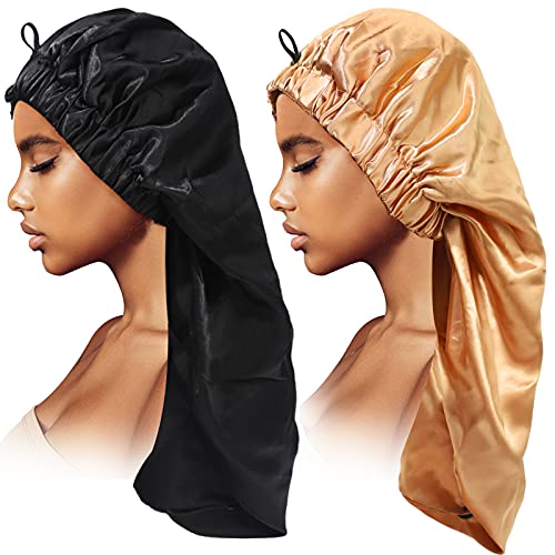 Large Satin Hair Braid Bonnet - Foldable Long Sleep Cap for Women, Black & Khaki, 2 Pack