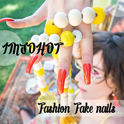 IMSOHOT Fall Brown White Maple Leaf Fake Nails - Medium Almond Press-On 24Pcs B012Brown