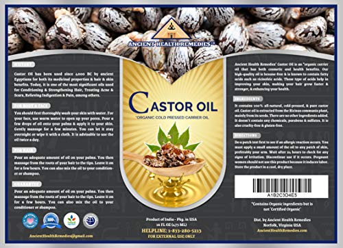 Ancient Health Remedies Organic Castor Oil, Cold Pressed, 16 Fl Oz