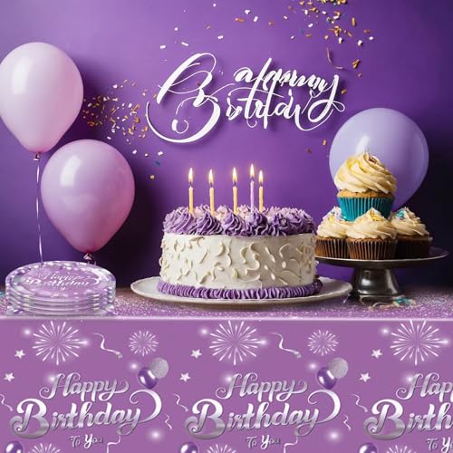 Purple Birthday Decorations Set for 20 – Elegant Tableware with Plates, Napkins & Tablecloth