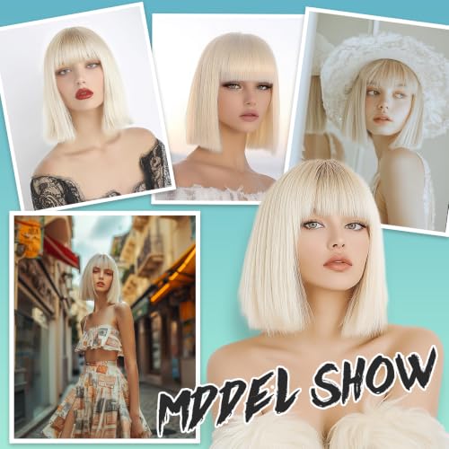 SeclitWu Blonde Bob Wigs for Women Short Straight Synthetic Heat-Resistant Hair, 12 Inch Bangs Cosplay & Daily Use