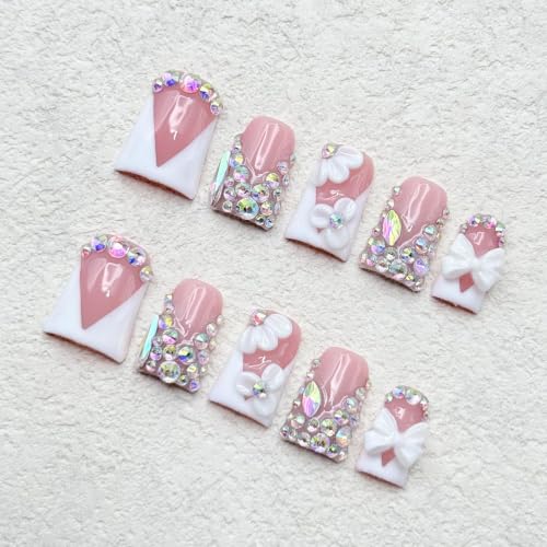 Medium Duck Press on Nails - French White Nude Handmade Rhinestone Nails
