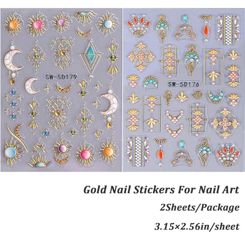 5D Gold Nail Stickers Sun Moon Flower Embossed Decals for Nail Art