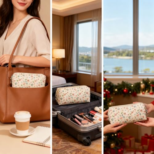 Small Flower Makeup Bag for Women Girls, Compact Cosmetic Pouch, Travel & Purse Organizer