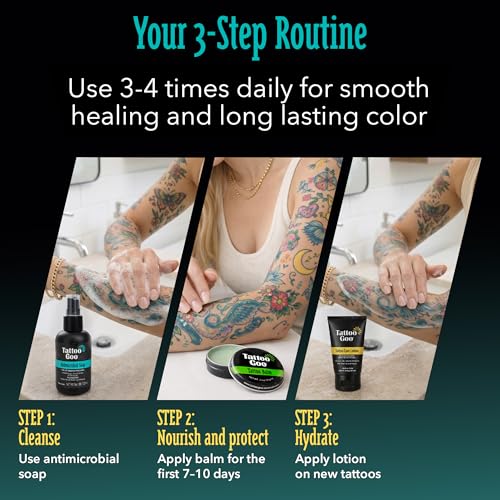 Tattoo Goo Tattoo Aftercare Kit, 3 Piece Set, Includes Antimicrobial Soap, Tattoo Balm & Healing Lotion, Main Vibrant Color & Glow, Complete Kit for Fresh Ink, Ongoing Ink Maintenance & Piercing Care