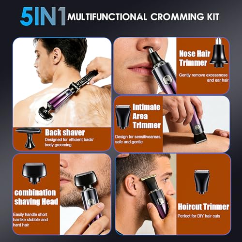 Back Shaver for Men, LED Display, 5 in 1 Mens Back Shaver Rechargeable with Long Handle, Safety Lock, IPX7, Multi-Functional Back Trimmer for Men,(Purple)