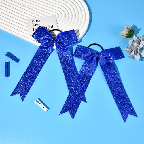 DEEKA Royal Blue Glitter Cheer Bows - 12 Pack Long Tail Ponytail Holders