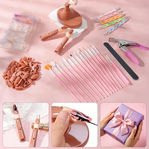 Difenni Pink Practice Fingers Nail Kit 3 Fingers 200+ Tips & Tools for Acrylic Nails DIY