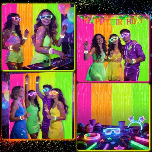 Glow in The Dark Tinsel Curtains - 4 Pack Neon Party Backdrop 3.3 x 6.6 Ft