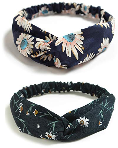 DRESHOW 10 Pack Boho Flower Print Headbands for Women - Vintage Cross Elastic Hair Wraps