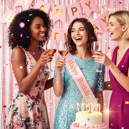 Pink Birthday Decorations Set for Girls & Women - Banner, Balloons, Cake Topper & More