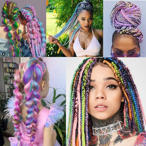 Rainbow Braiding Hair 3 Packs 24inch Jumbo Synthetic Extensions for Twist & Box Braids - Pink/Blue/Purple/Light Cyan