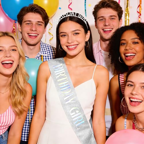 TAROSE Silver Birthday Tiara and Sash Set for Women