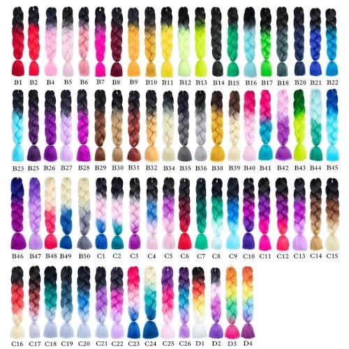 FYRLNA 6 Pack 24 Inch Jumbo Braiding Hair - Black to Red/Orange/Yellow/Green/Royal Blue
