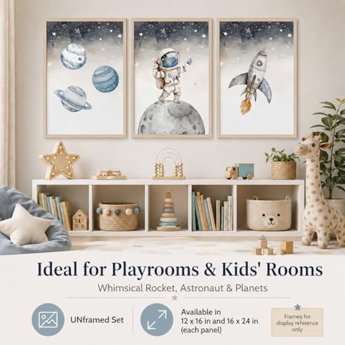 Nursery Astronaut Wall Art - 3Pcs Space Adventure Canvas Prints