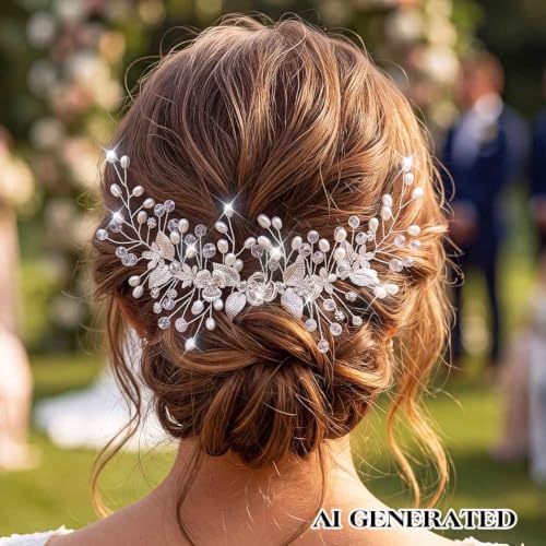 EASEDAILY Silver Pearl Wedding Hair Vine - Floral Bridal Headpiece