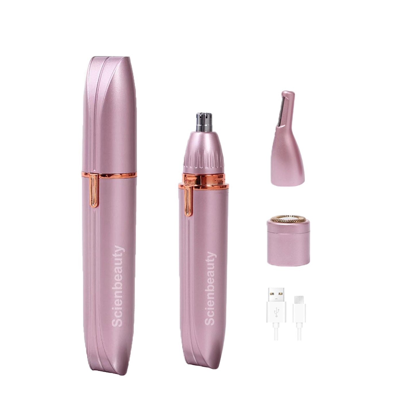 Scienbeauty Facial & Eyebrow Hair Remover Nose Ear Hair Trimmer, 3 in 1 USB Rechargeable Painless Hair Removal Kit with 3 Replaceable Rinseable Grooming Heads for Women