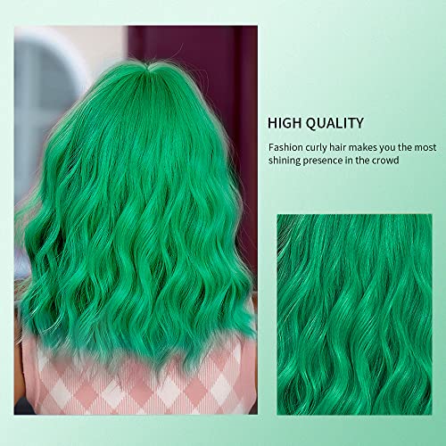 Green Wavy Bob Wig with Bangs and Sunglasses Set - Heat Resistant Synthetic
