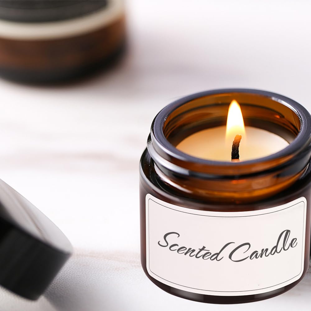 2 oz Glass Jars with Lids, 48 Pcs Bumobum Small Amber Glass Candle Jars with Black Lids, White Labels & Inner Liners, Empty Round Cosmetic Containers for Cream, Lotion, Slime, Ointment