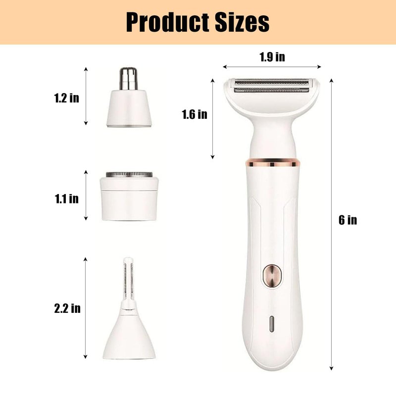 Electric Razor for Women, 4-in-1 Facial & Body Hair Trimmer with FACE, Nose, Eyebrow and Body Heads, USB-C Rechargeable, Wet/Dry Detachable Heads, Portable Grooming Set(White)