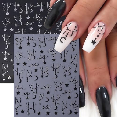 6 Sheets 3D Black Silver Star & Moon Nail Art Stickers