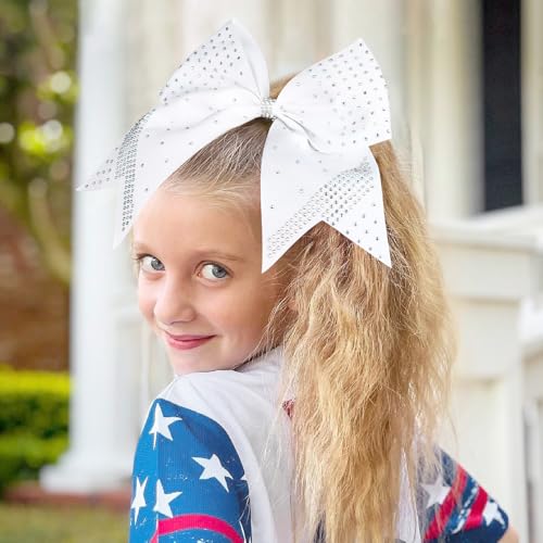 Aileam 2Pcs Glitter White Rhinestone Cheer Bows 7" Large Ponytail Holders