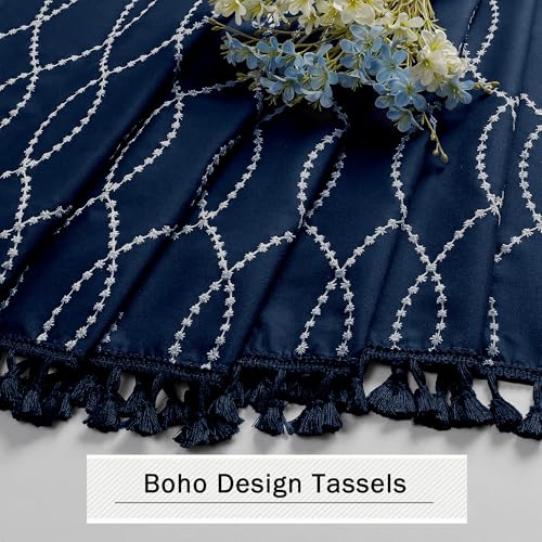 Navy Blue Shower Curtain with Tassels, 72x72 Inches, Boho Vintage Design