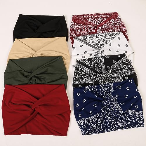 TERSE Boho Wide Turban Headbands for Women, Non-Slip Elastic Hair Bands, 8 Pcs