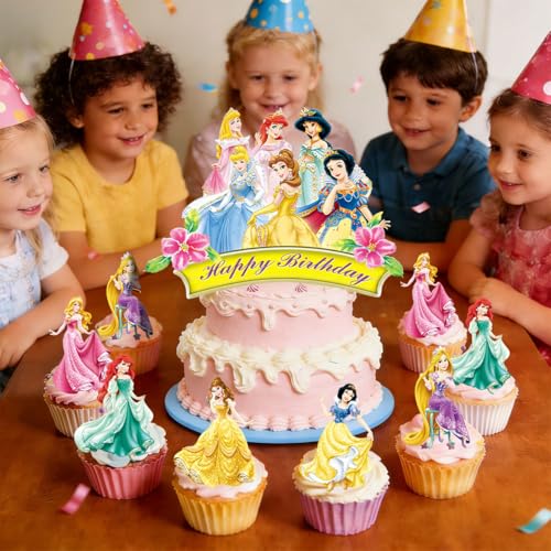 25 Pcs Cartoon Birthday Cake Toppers with Happy Birthday Sign