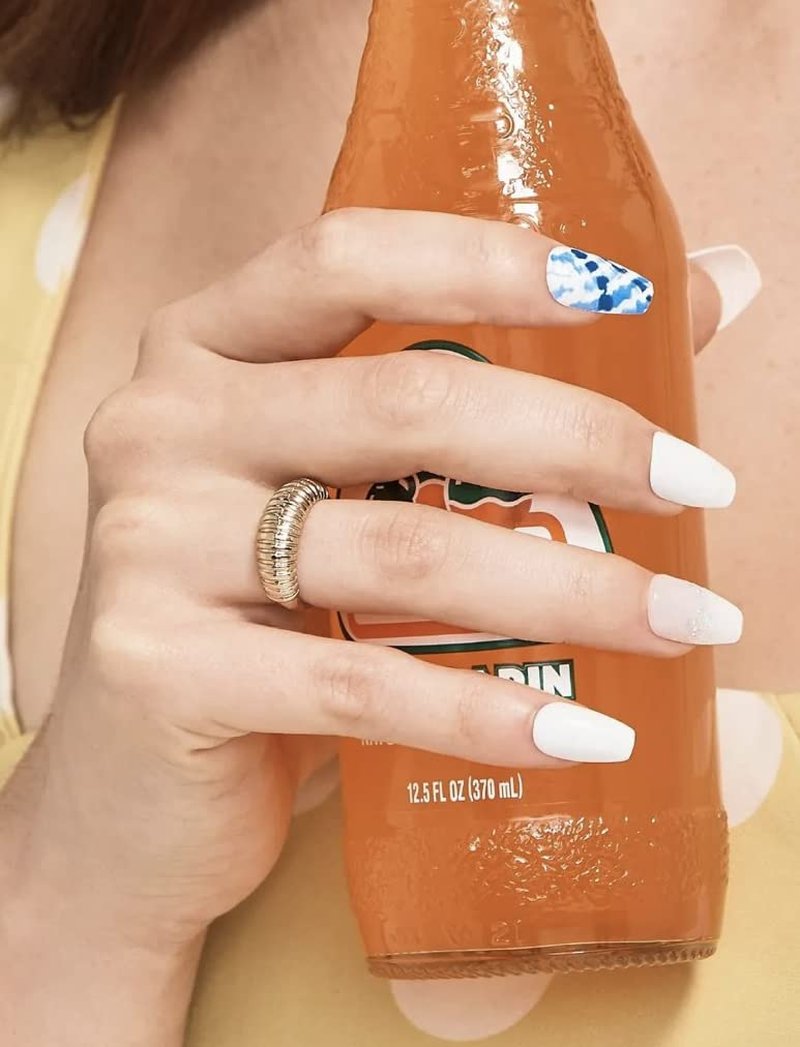 Impress Press-On Nails - White Glitter & Blue Tie-Dye Design | 30 Pcs Medium Coffin Shape, Easy Peel & Press