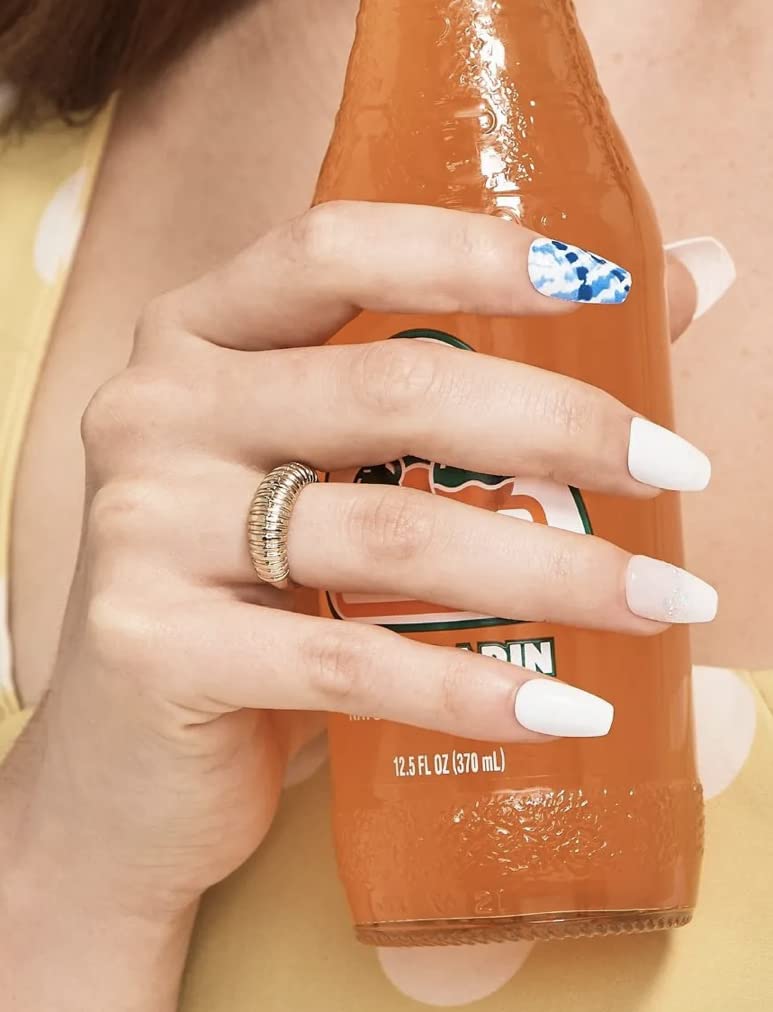 KISS Impress No Glue Mani 30 Pcs Press on Nails, White Nails with Glitter, Blue Tie-Dye Design, Medium Size, Coffin Shape Simple Peel & Press Easy Apply, Hassle-Free Removal, Essential Tools Included