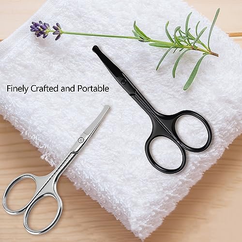 2 Pack 3.75" Premium Nose Hair Scissors, Curved Safety Blades with Rounded Tip for Trimming Small Details Facial Hair, Ear Hair, Eyebrow (Black and Silver)