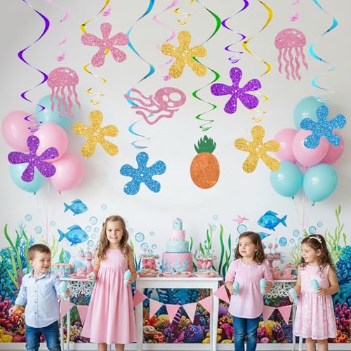 BEISHIDA 15Pcs Ocean Theme Hanging Decorations - Pre-Strung Jellyfish & Coral Flowers for Parties