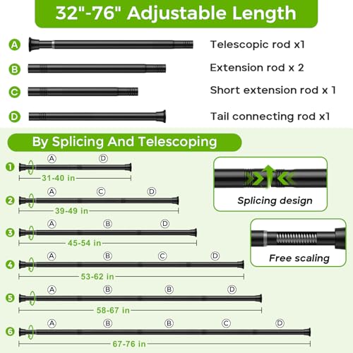 Adjustable Black Shower Curtain Rod, 32-76 Inches, No Drilling