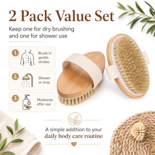 OPAZ Natural Boar Bristle Dry Body Brush 2 Pack - Exfoliating
