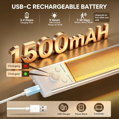 ISNIKA 2-Pack Wireless Rechargeable Under Cabinet Lights with Motion Sensor & Dimmable LED