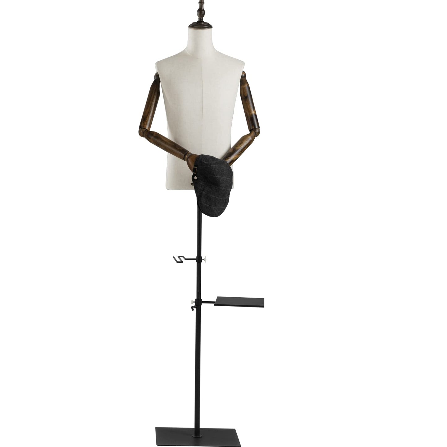 53-76inch Male Mannequin Torso with Wooden Arms Metal Stand, Height Adjustable Dress Form Male with Detachable Trousers Rack and Shoe Holder, Pinnable Torso Display for Clothing Retail Sewing Shop