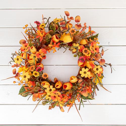 18-Inch Rustic Autumn Wreath with Orange Tulips & Wildflowers