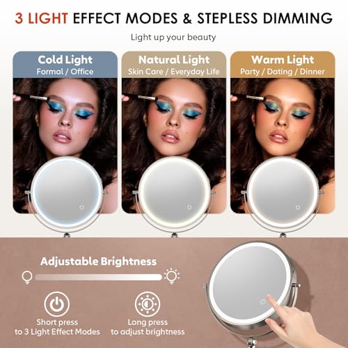 ZLOKLA 9" Wall Mounted Lighted Makeup Mirror,4000mAh Rechargeable Double Sided 1X/30X Magnifying Mirror with Light,Touch Dimmable,Extended Arm 360 Rotation Wall Mounted Makeup Mirror 3 Color Lights-N