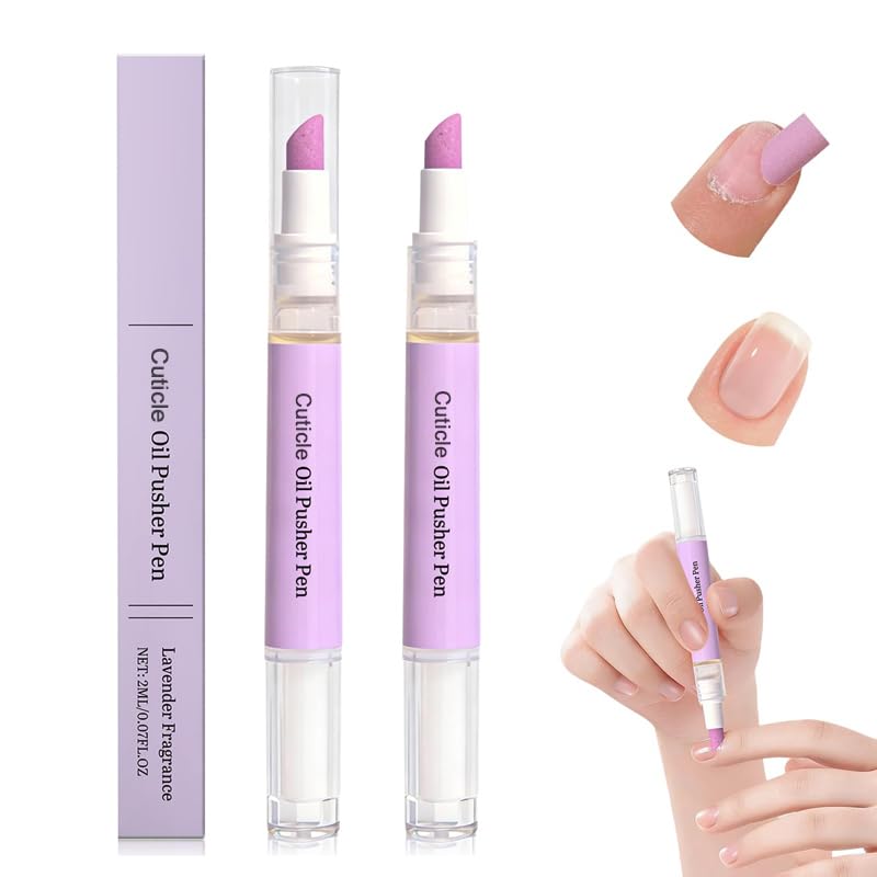 Cuticle Oil Pusher Pen - 4-in-1 Nail Care Tool for Dry, Damaged Nails | Moisturizing & Strengthening (Pink & Purple)