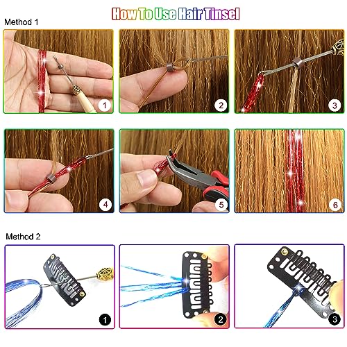 Hair Tinsel Kit - 6000 Strands in 14 Colors, 48 Inch Sparkling Extensions